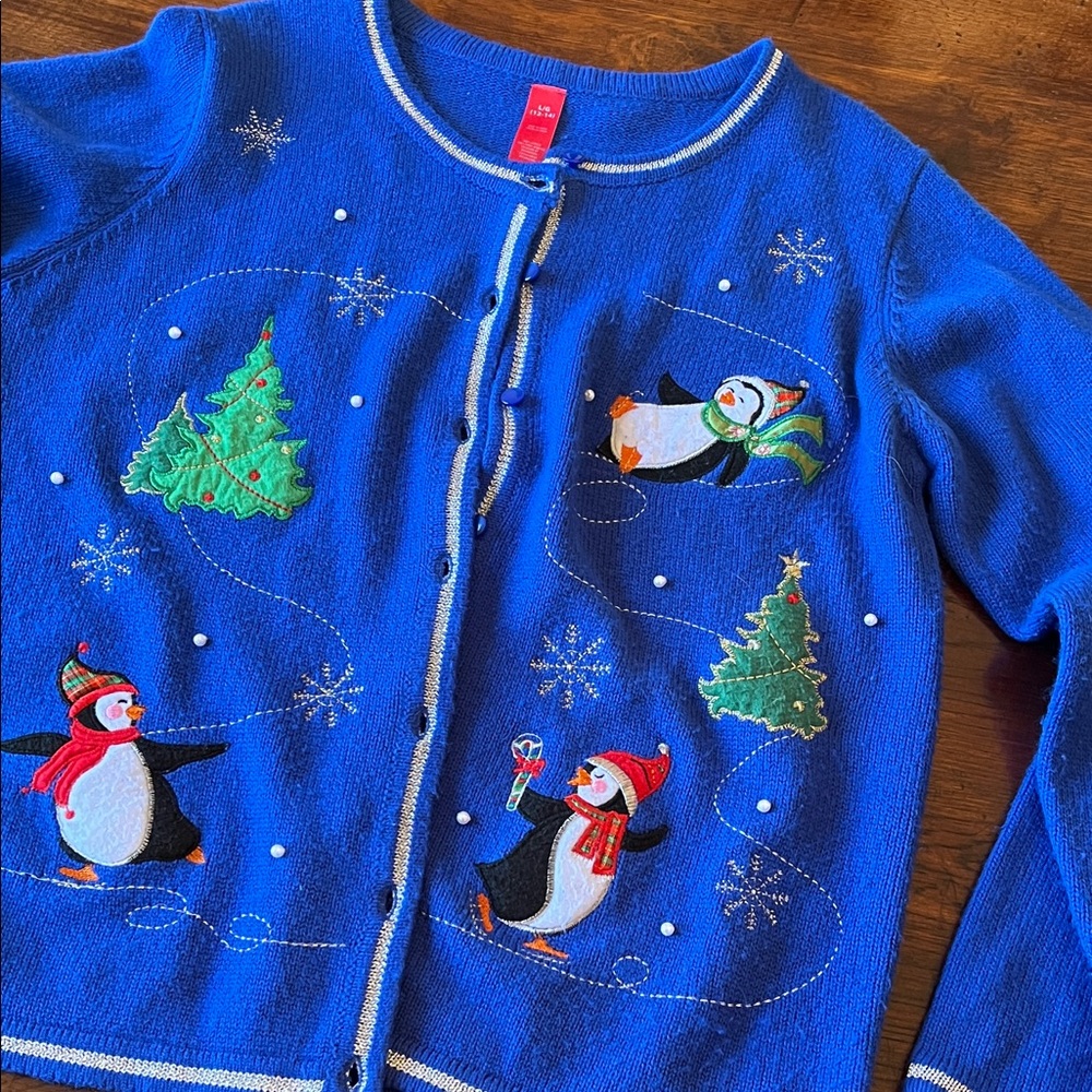 Really cute “ugly” Christmas sweater, blue cardigan, large.